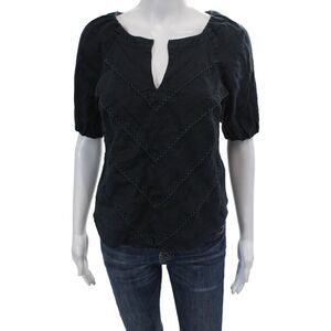 Purotatto Womens Linen Eyelet Trim Detail V-Neck Blouse Dark Blue Size 38